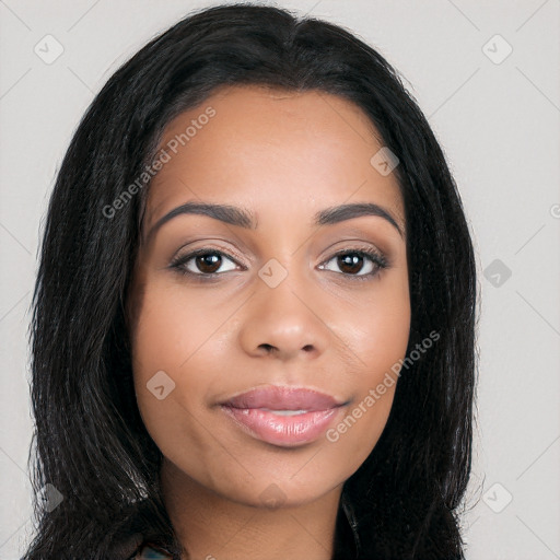 Joyful latino young-adult female with long  black hair and brown eyes