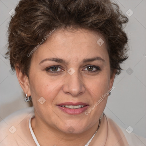 Joyful white adult female with short  brown hair and brown eyes