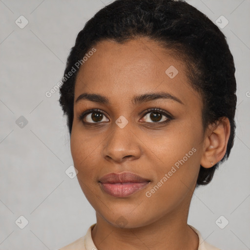 Joyful latino young-adult female with short  brown hair and brown eyes