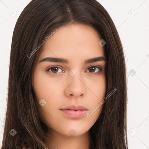 Neutral white young-adult female with long  brown hair and brown eyes