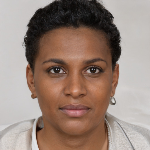 Neutral black young-adult female with short  brown hair and brown eyes