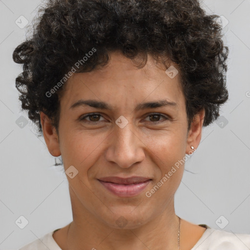 Joyful white adult female with short  brown hair and brown eyes