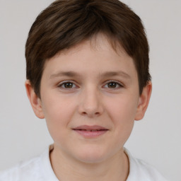 Joyful white child female with short  brown hair and brown eyes