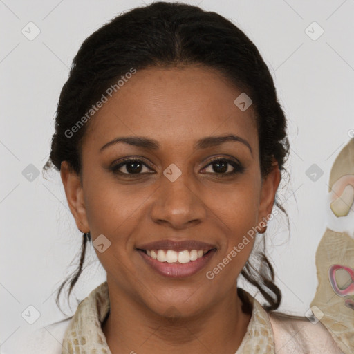 Joyful black young-adult female with medium  brown hair and brown eyes