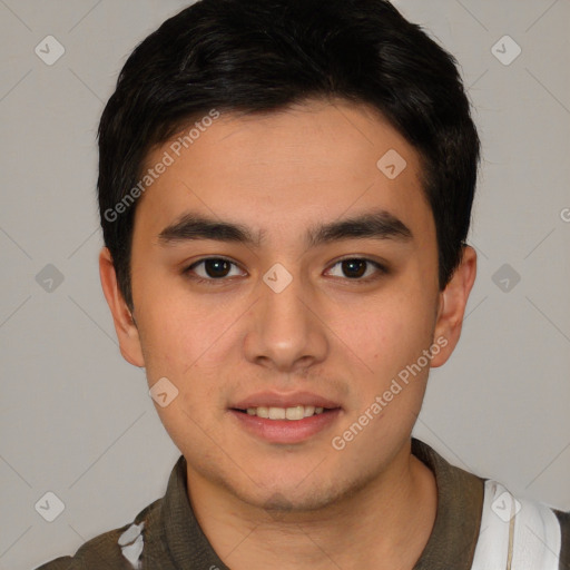 Joyful white young-adult male with short  black hair and brown eyes