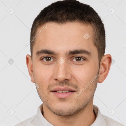 Joyful white young-adult male with short  brown hair and brown eyes