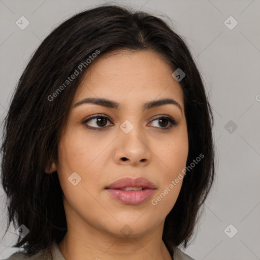 Joyful asian young-adult female with long  brown hair and brown eyes