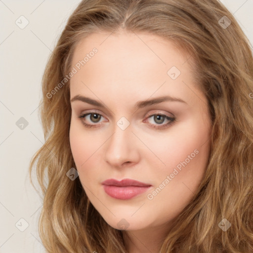 Neutral white young-adult female with long  brown hair and brown eyes