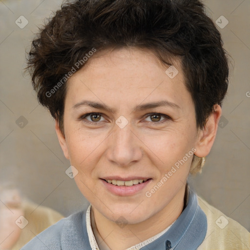 Joyful white adult female with short  brown hair and brown eyes