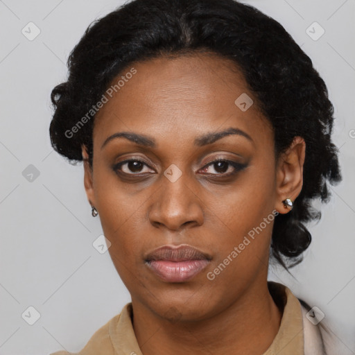 Neutral black young-adult female with short  black hair and brown eyes