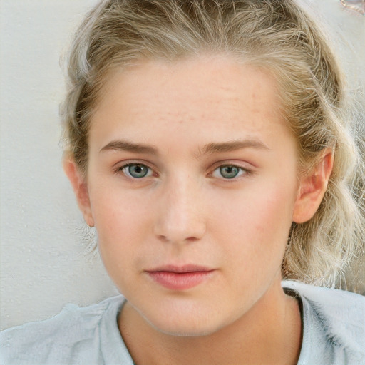 Neutral white young-adult female with short  brown hair and blue eyes