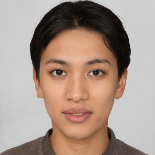 Neutral latino young-adult female with short  black hair and brown eyes