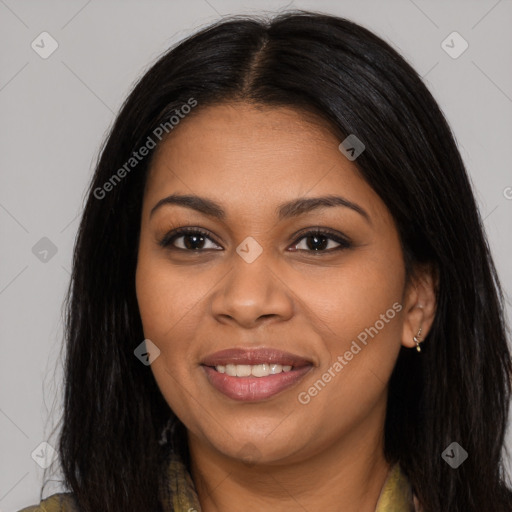 Joyful latino young-adult female with long  brown hair and brown eyes