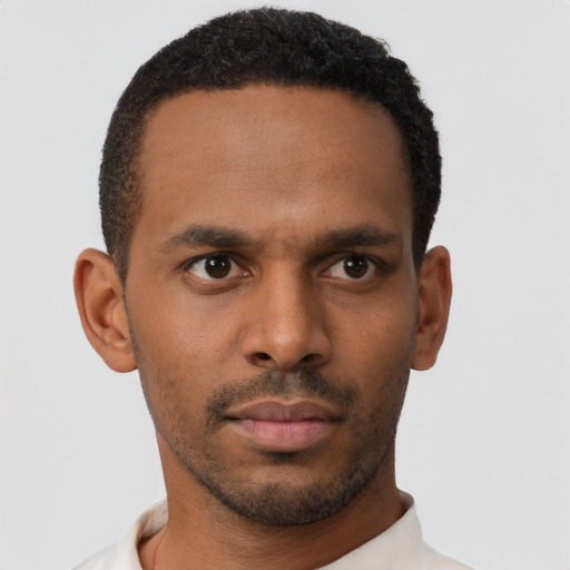 Neutral black young-adult male with short  black hair and brown eyes