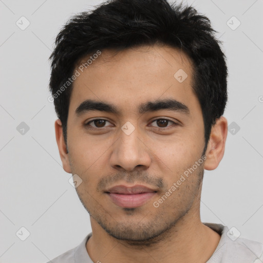 Neutral latino young-adult male with short  black hair and brown eyes