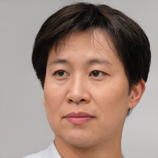 Joyful asian adult female with short  brown hair and brown eyes