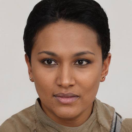 Neutral latino young-adult female with short  brown hair and brown eyes