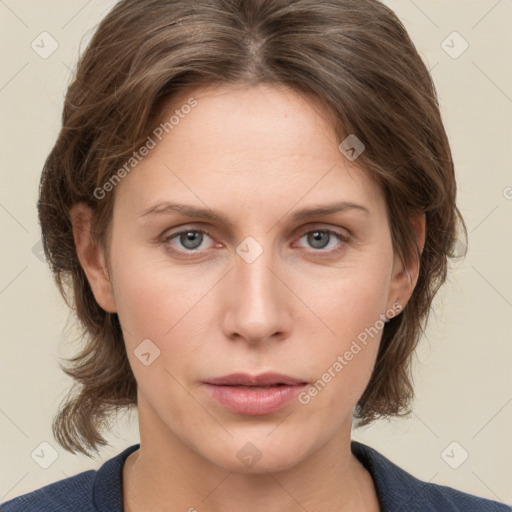 Neutral white young-adult female with medium  brown hair and grey eyes