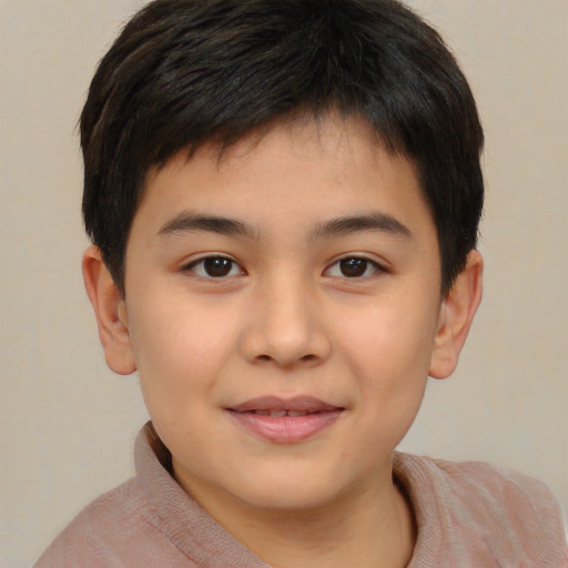 Joyful asian child male with short  brown hair and brown eyes