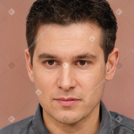 Neutral white adult male with short  brown hair and brown eyes