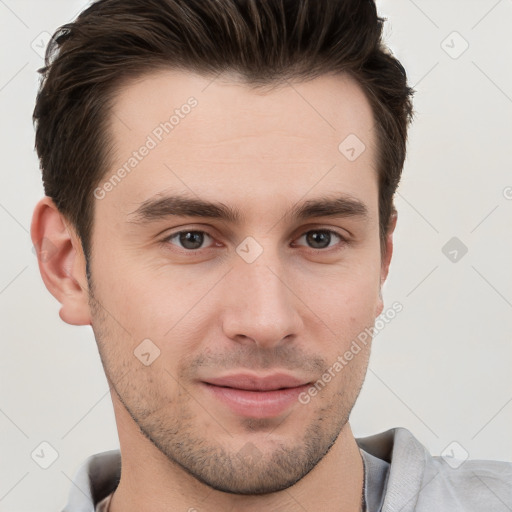 Neutral white young-adult male with short  brown hair and grey eyes