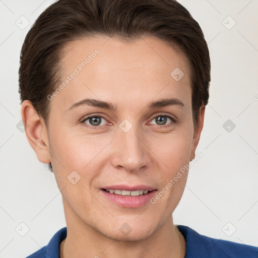 Joyful white young-adult female with short  brown hair and grey eyes