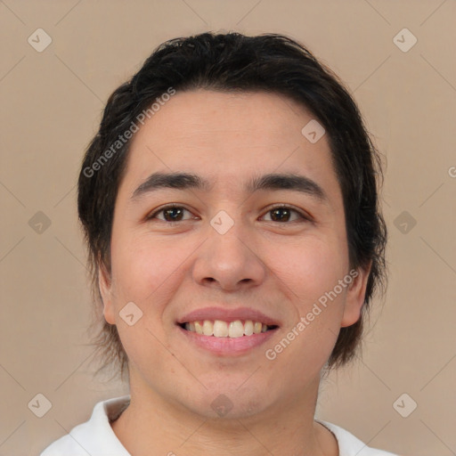 Joyful white young-adult male with medium  brown hair and brown eyes