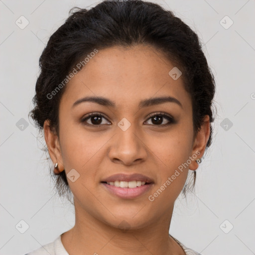 Joyful latino young-adult female with short  brown hair and brown eyes