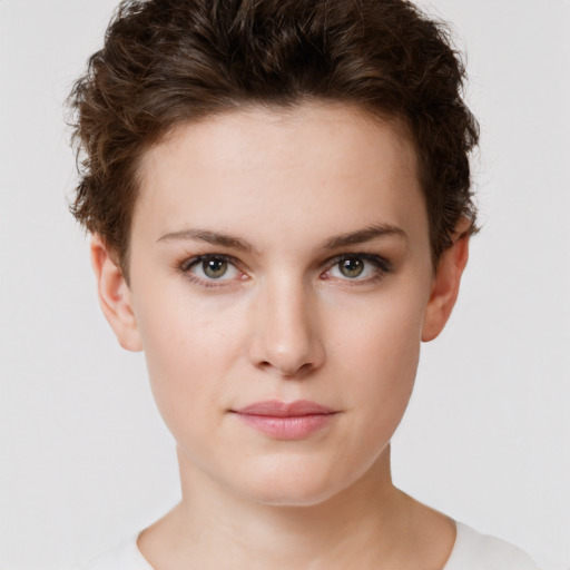 Neutral white young-adult female with short  brown hair and brown eyes