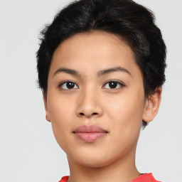 Neutral asian young-adult female with short  brown hair and brown eyes