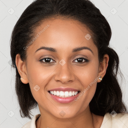 Joyful latino young-adult female with medium  brown hair and brown eyes