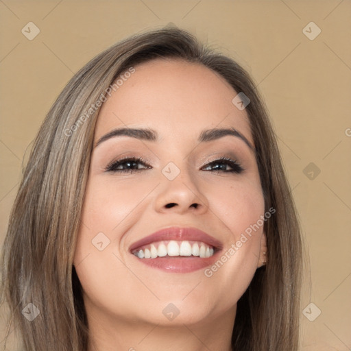 Joyful white young-adult female with long  brown hair and brown eyes