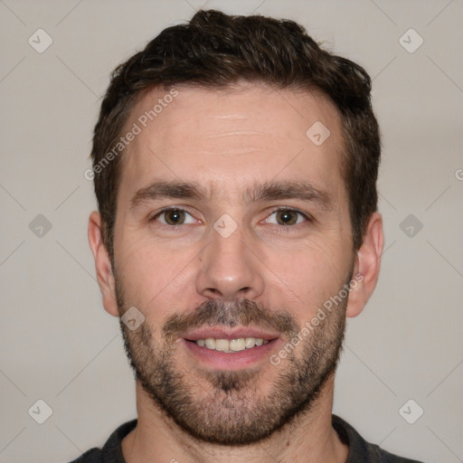 Joyful white young-adult male with short  brown hair and brown eyes