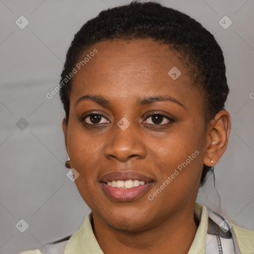 Joyful latino young-adult female with short  brown hair and brown eyes