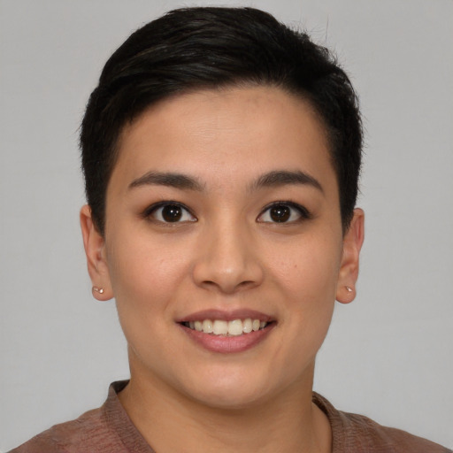 Joyful asian young-adult female with short  brown hair and brown eyes