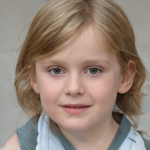 Joyful white child female with medium  brown hair and blue eyes