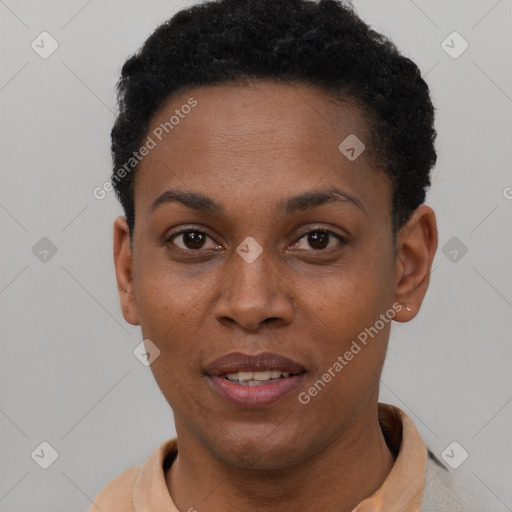 Joyful black young-adult female with short  black hair and brown eyes