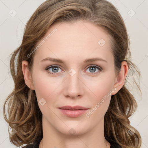 Joyful white young-adult female with medium  brown hair and blue eyes