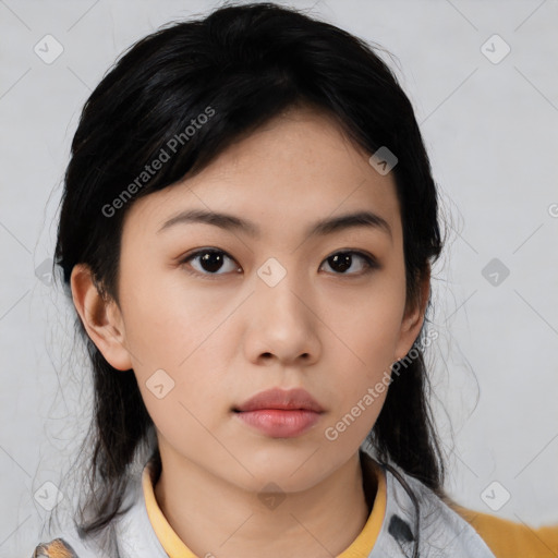 Neutral asian young-adult female with medium  black hair and brown eyes