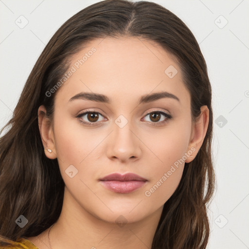 Neutral white young-adult female with long  brown hair and brown eyes