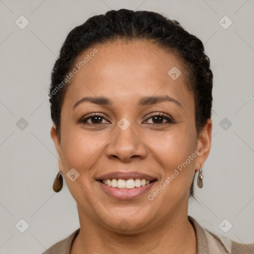 Joyful latino young-adult female with short  brown hair and brown eyes