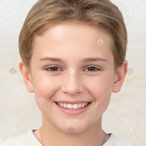 Joyful white child female with short  brown hair and brown eyes