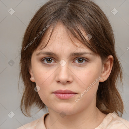 Neutral white young-adult female with medium  brown hair and brown eyes