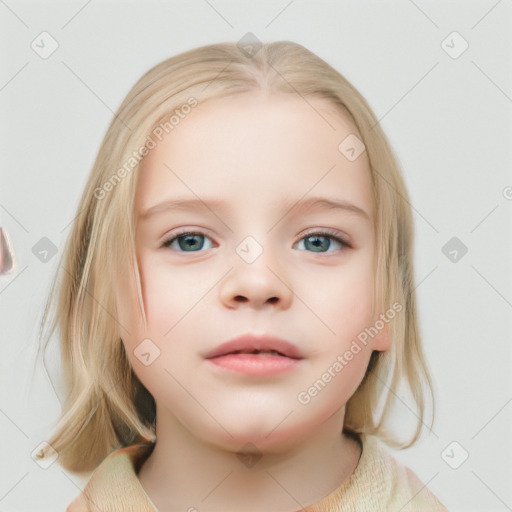 Neutral white child female with medium  brown hair and blue eyes