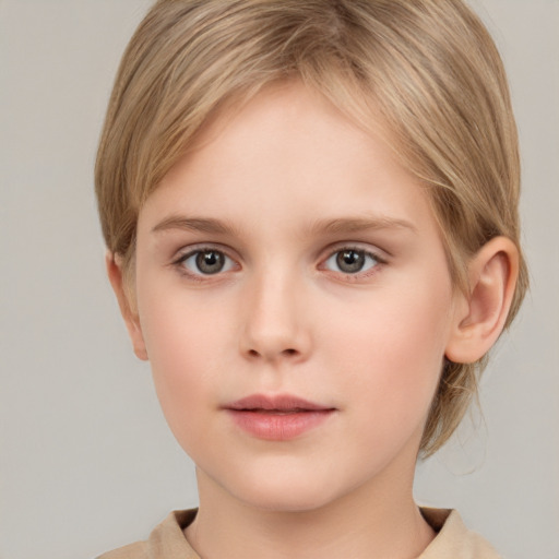 Neutral white child female with medium  brown hair and grey eyes