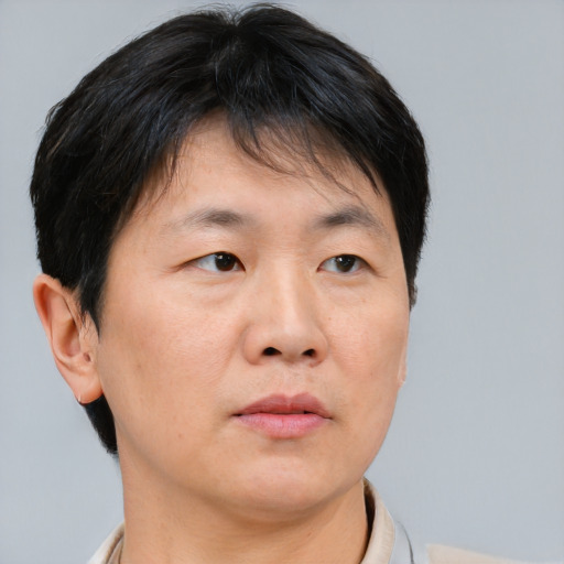 Neutral asian adult male with short  brown hair and brown eyes
