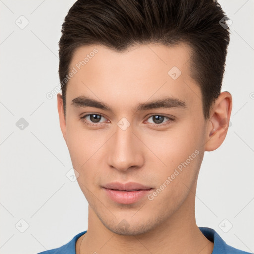 Neutral white young-adult male with short  brown hair and brown eyes