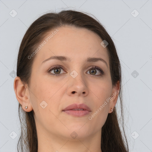 Neutral white young-adult female with long  brown hair and grey eyes