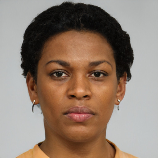 Neutral black young-adult female with short  black hair and brown eyes
