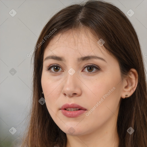 Neutral white young-adult female with long  brown hair and brown eyes